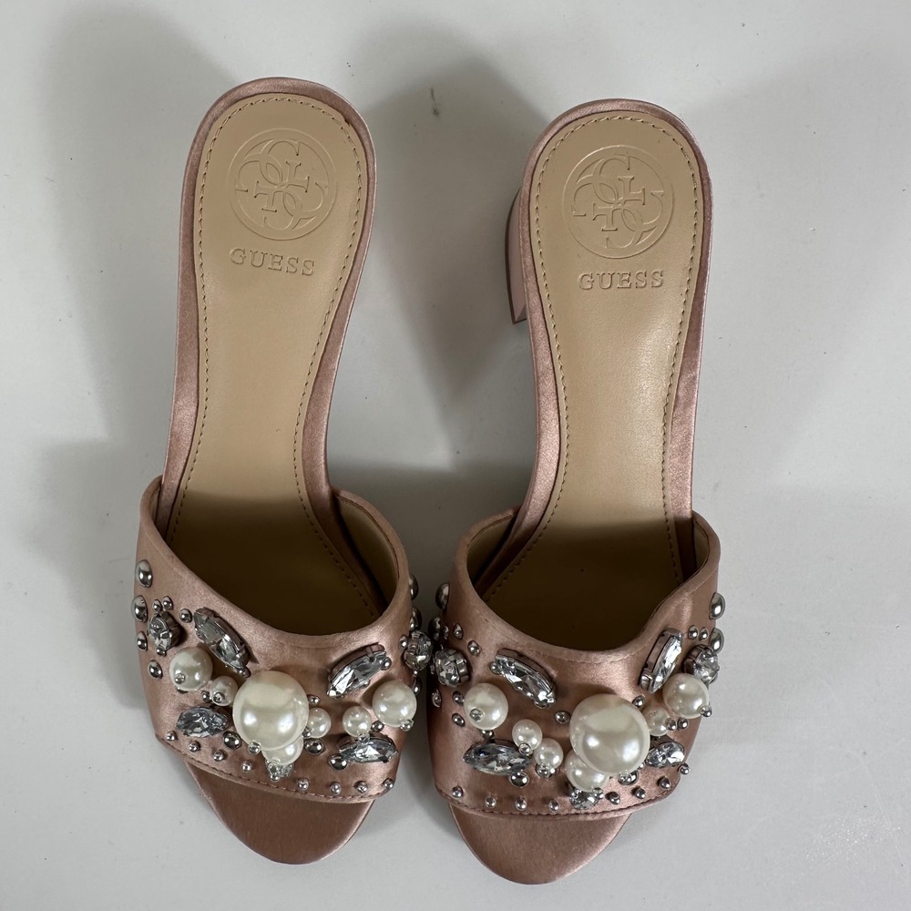 Guess Dancerr Pink Satin Pearl Crystal Mules 6M Womens Y2K McBling Sandals